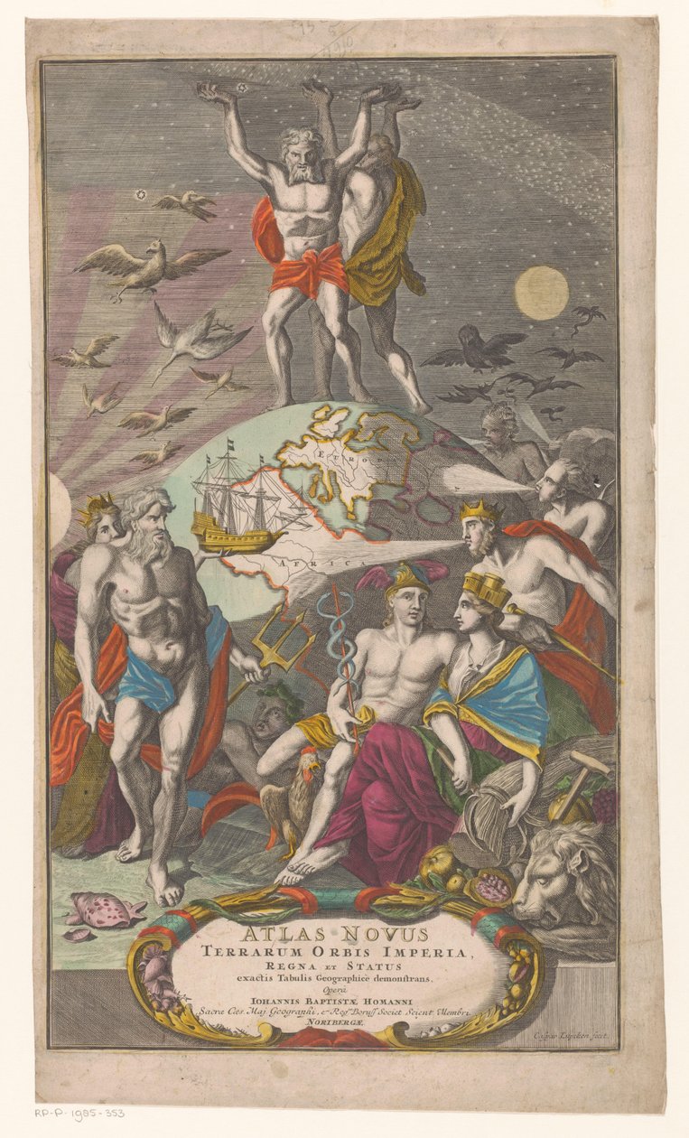 Atlas en Hercules bærer sternerhemel Tittelside for: Johann Baptista Homan, A New Atlas of the World Empires, Kingdoms and States viser eksakte geografiske tabeller, 1710 av Caspar Luyken