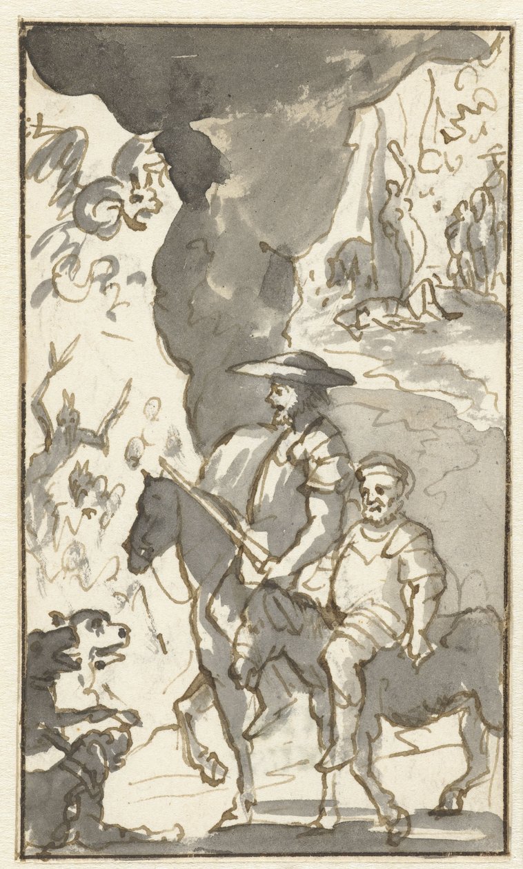 Don Quichotte og Sancho Panza kjører forbi en smie Design for det femte bindet av Histoire de l