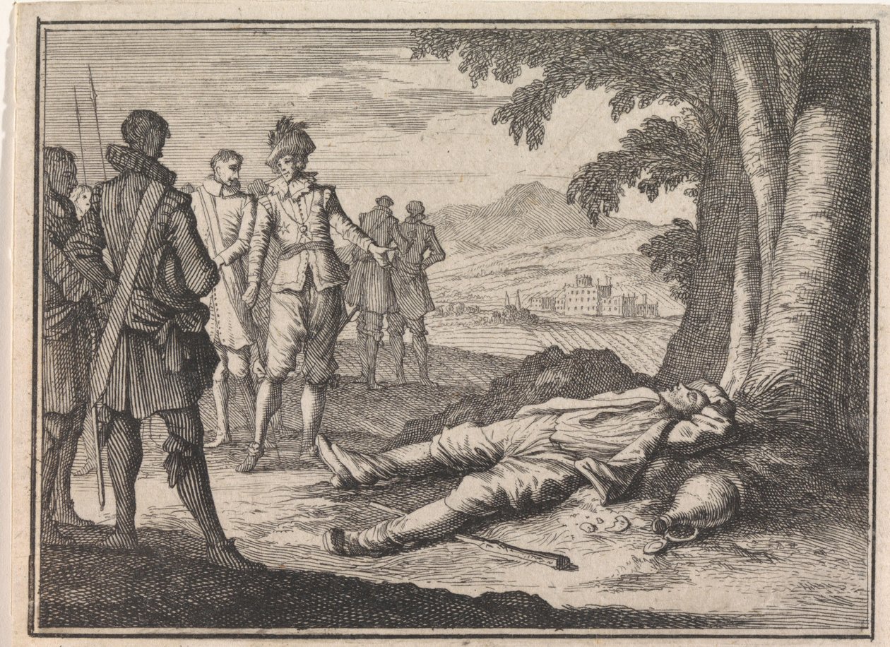 Filip den gode finner en beruset bonde under et tre av Caspar Luyken
