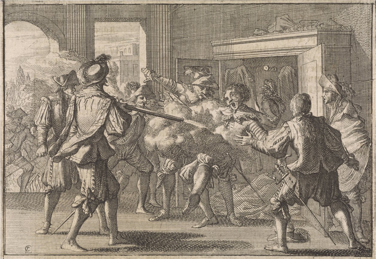 Miguel de Vasconcelos blir oppdaget i et skap og myrdet av rasende portugiser, 1640 av Caspar Luyken