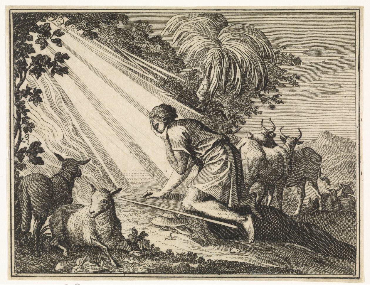 Moses kneler ved den brennende tornebusken av Caspar Luyken