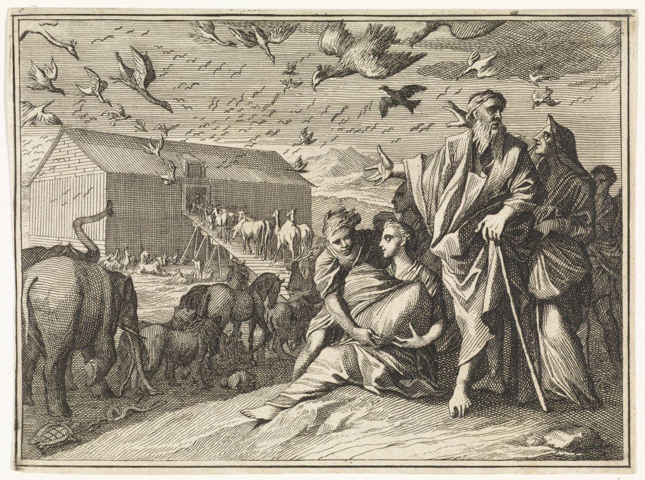 Noah og familien hans begir seg mot arken av Caspar Luyken