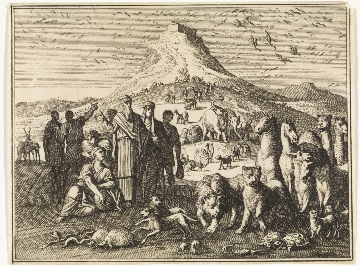 Noah, familien hans og dyrene forlater arken av Caspar Luyken