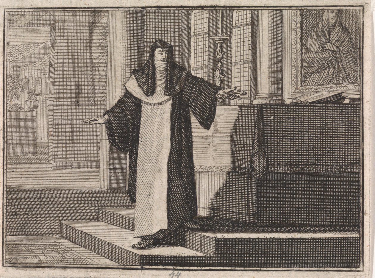Non legger en nøkkel på et alter foran et bilde av Maria av Caspar Luyken