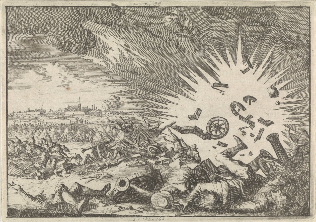 Eksplosjon av et fransk pulvermagasin under beleiringen av Namur, 1640 av Caspar Luyken