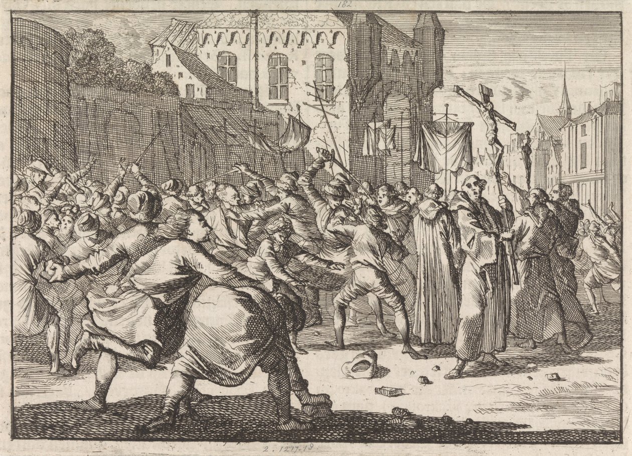 Ved Danzig blir en prosesjon møtt av folket med steiner, 1678 av Caspar Luyken