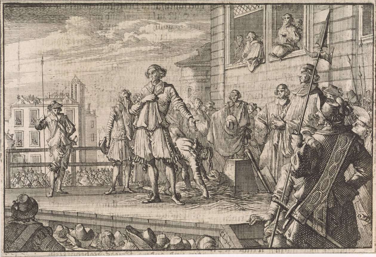 Thomas Wentworth, jarl av Strafford henvender seg til folket fra stillaset, 1641 av Caspar Luyken