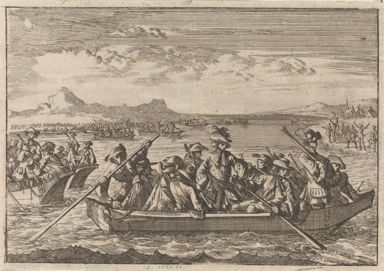 Waldensere jaget fra Savoy vender tilbake til landet sitt i lektere over Genfersjøen, 1689 av Caspar Luyken
