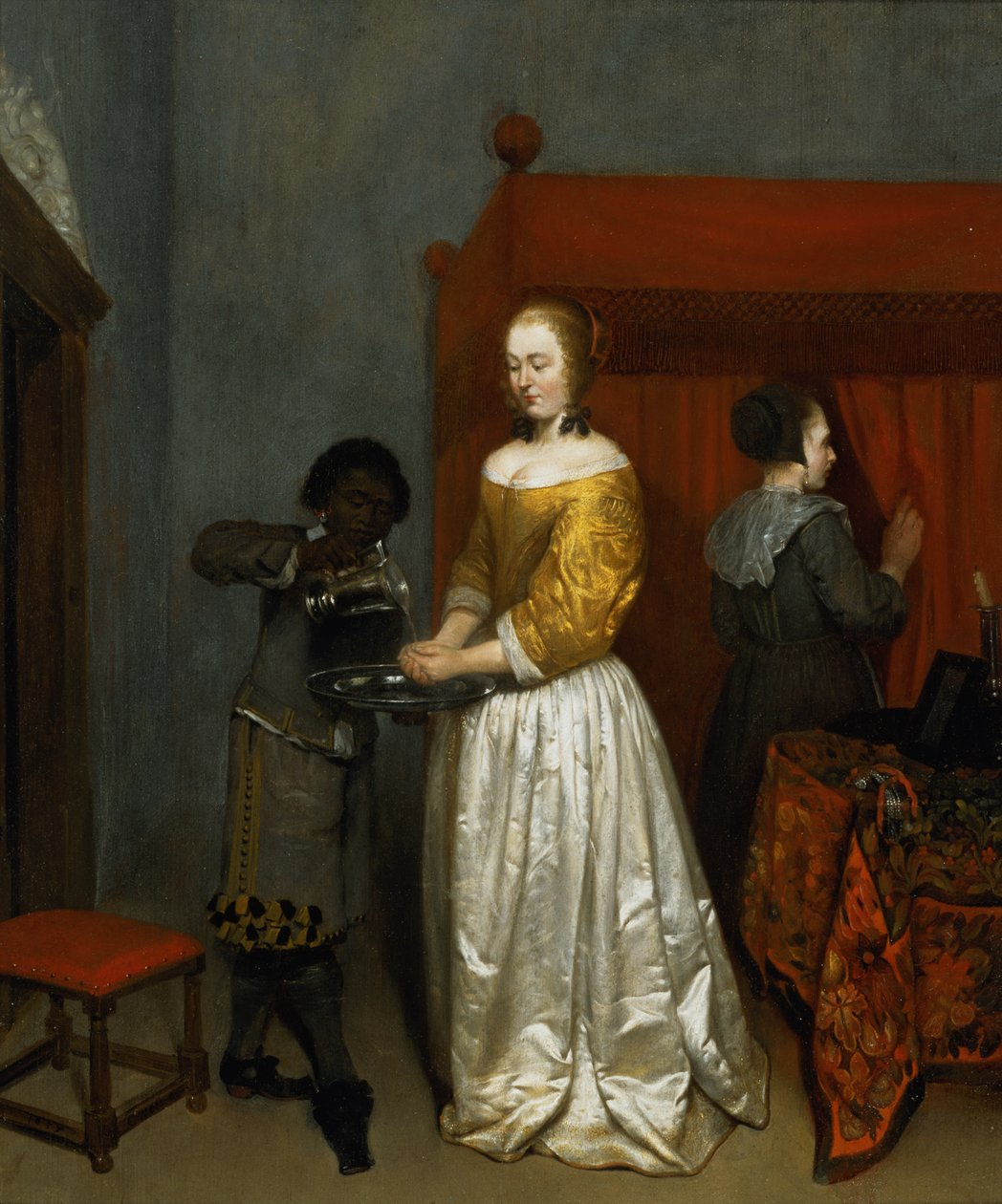 En dame vasker hendene, 1657 (panel) av Caspar Netscher