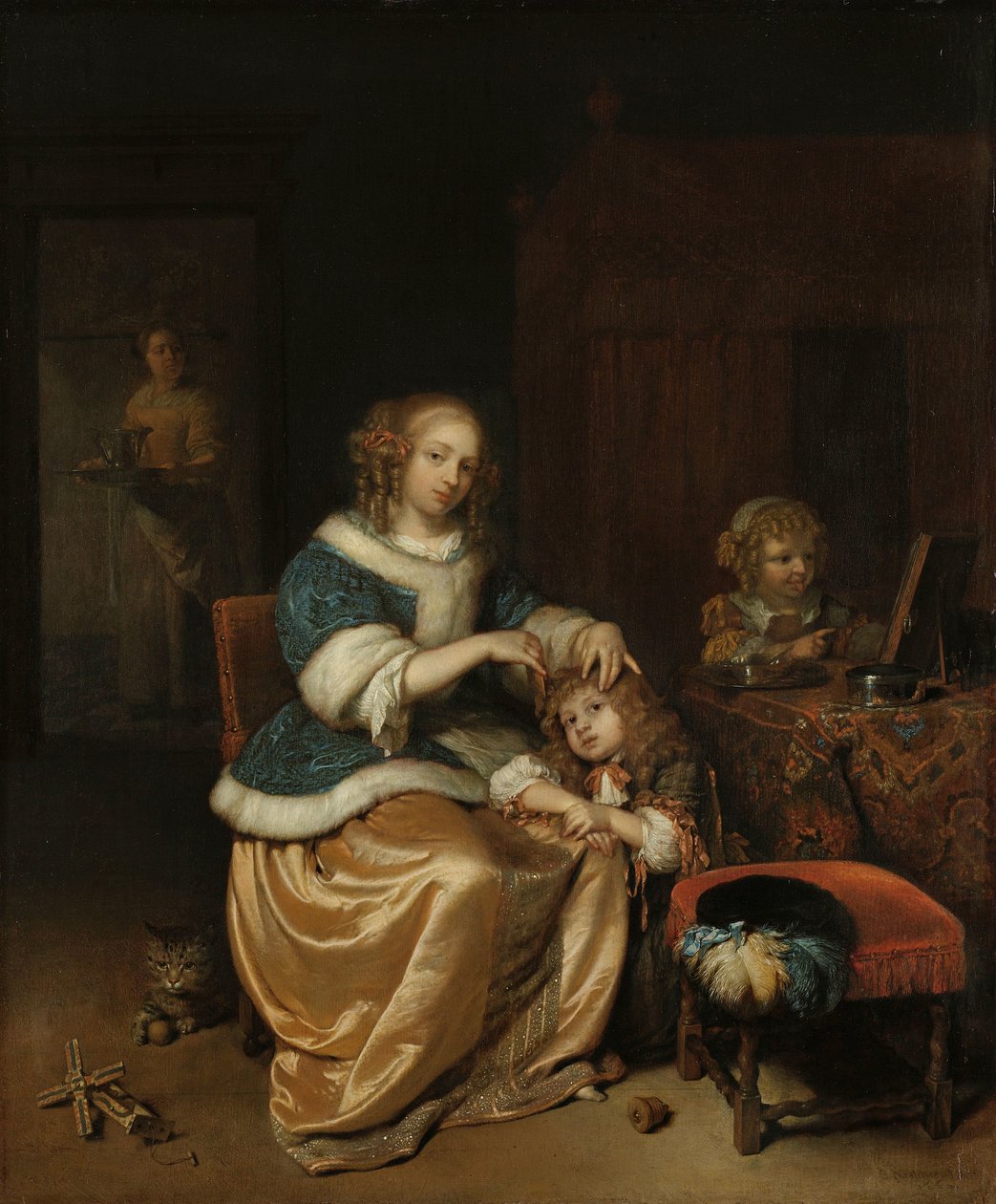 Interiør med en mor som kjemmer barnets hår, kjent som 'morsomsorg' Interiør med en mor som kjemmer barnets hår av Caspar Netscher