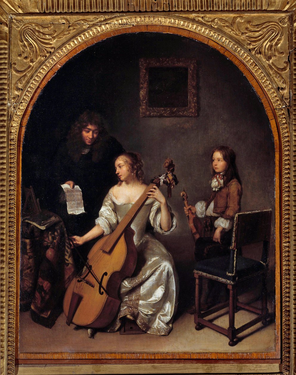 La lecon de basse de viole Maleri av Gaspard Netscher (1639-1684) 1600-tallets søn. 0,45x0,35 m av Caspar Netscher