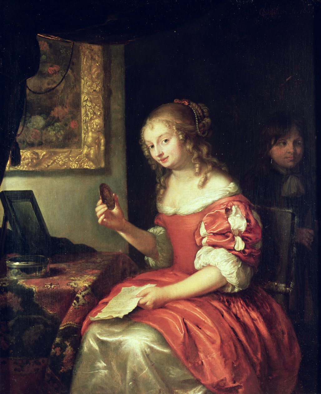 Ung kvinne med brev og medaljon, 1667 av Caspar Netscher