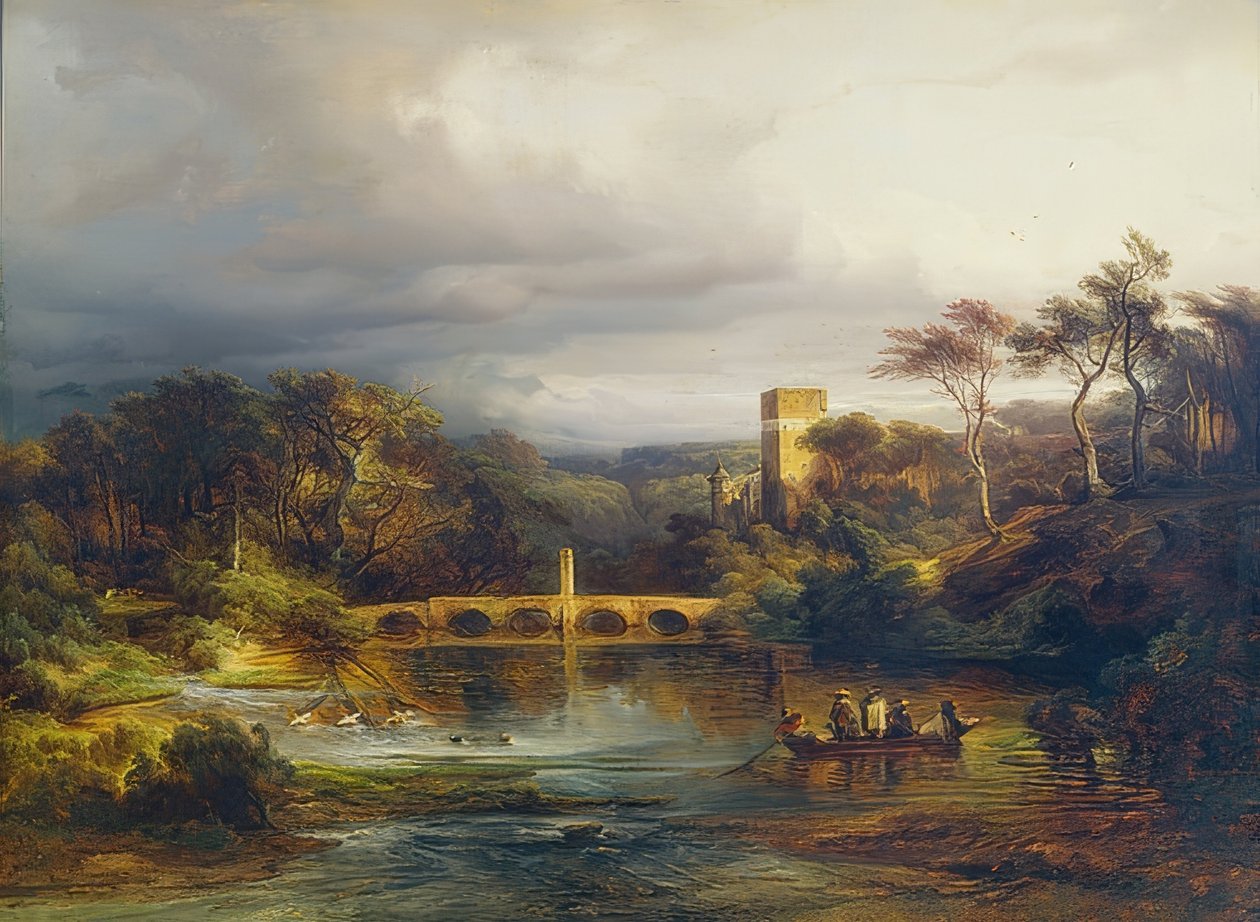Slott ved skogssjøen med båtfolk og buet bro. 1846 av Caspar Scheuren