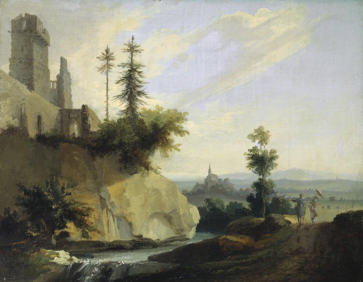 Landskapskomposisjon med ruin av et slott, ca. 1774-77 av Caspar Wolf