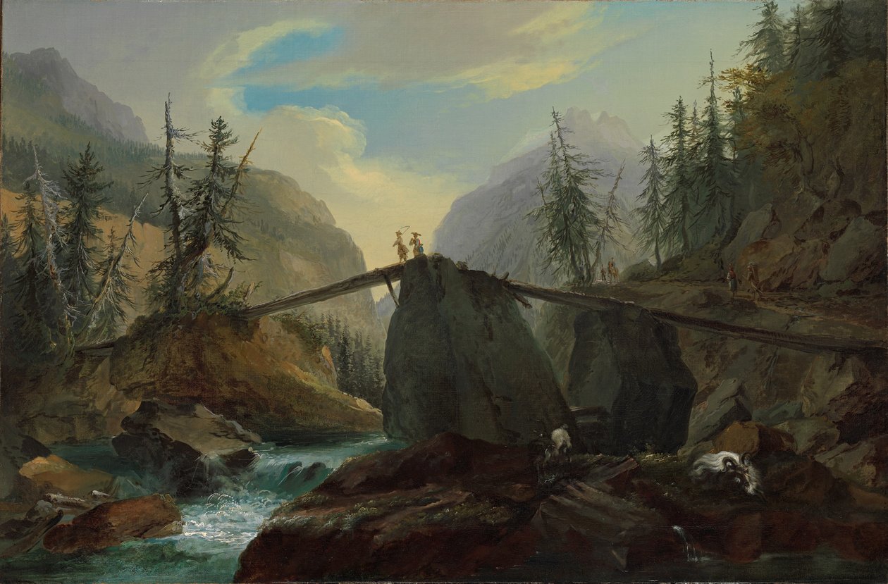 Gangbro av tre over Lütschine nær Gsteig, 1774. av Caspar Wolf