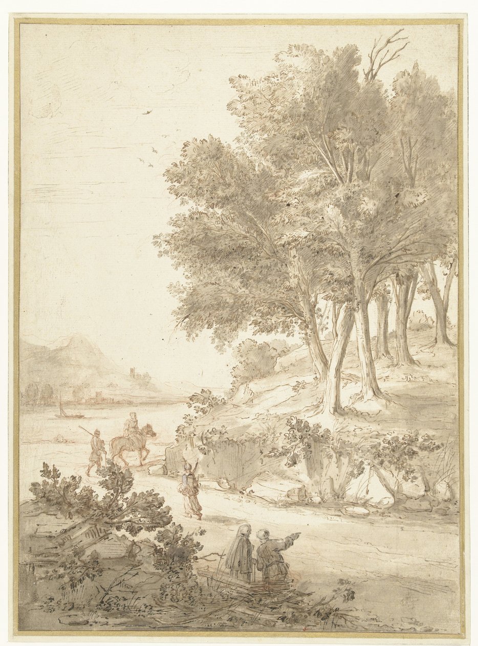Italiensk landskap med figurer langs en vei og en elv i bakgrunnen av Caspar van Wittel