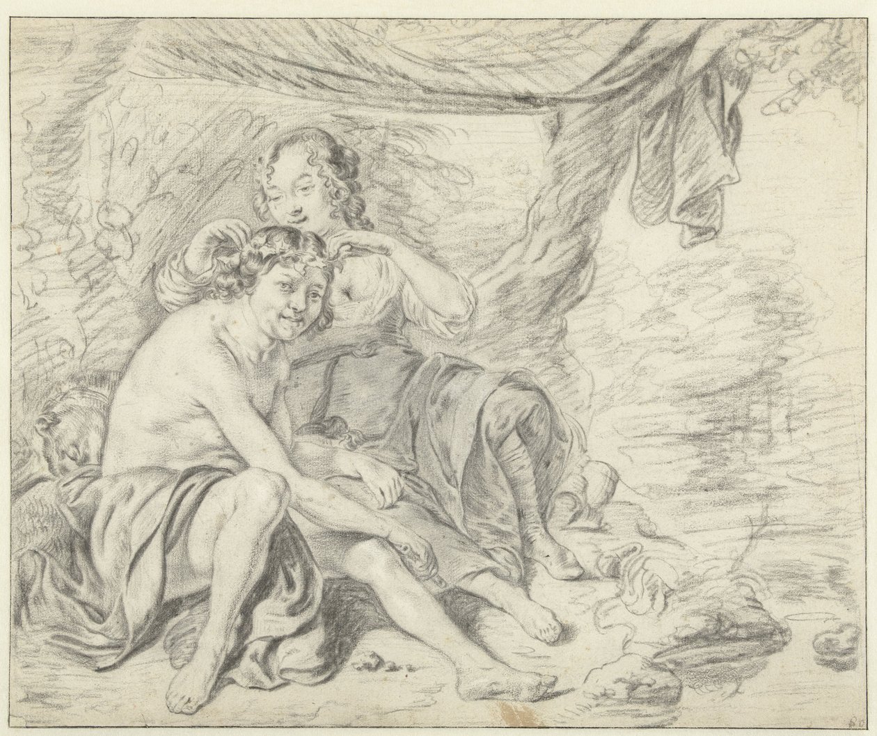 Hyrde som kroner en hyrde med en laurbærkrans av Casper Casteleyn (attributed to)