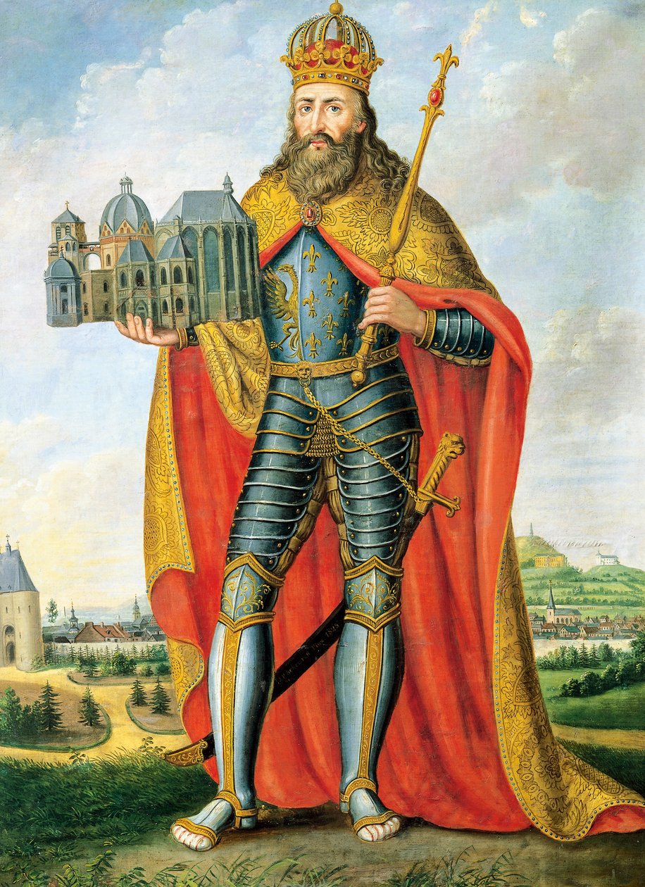Portrett av Karl den Store (742 - Aachen, 814), konge av frankere og langobarder og keiser av Det hellige romerske rike, stående med modell av Palatine Chapel, Maleri av Scheuren av Casper Johann Nepomuk Scheuren