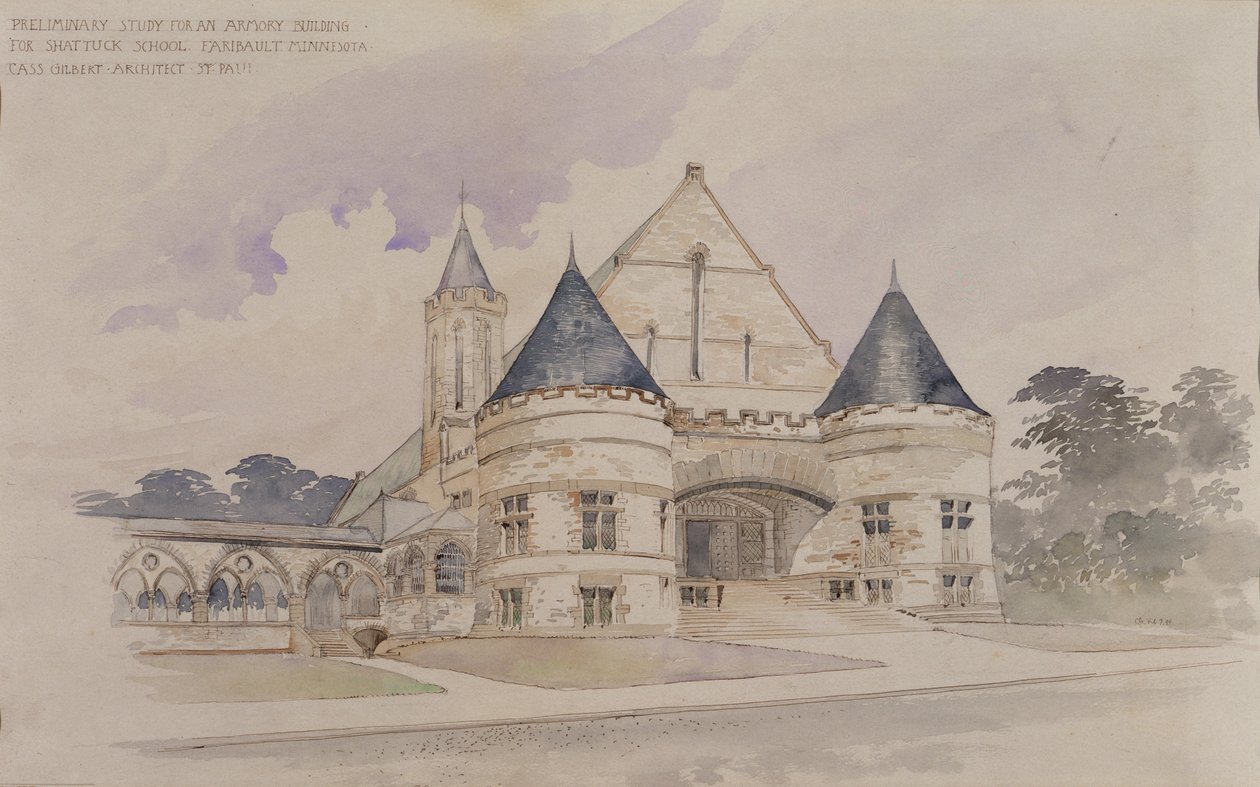 Forstudie for en våpenbygning for Shattuck School, Faribault, Minnesota av Cass Gilbert