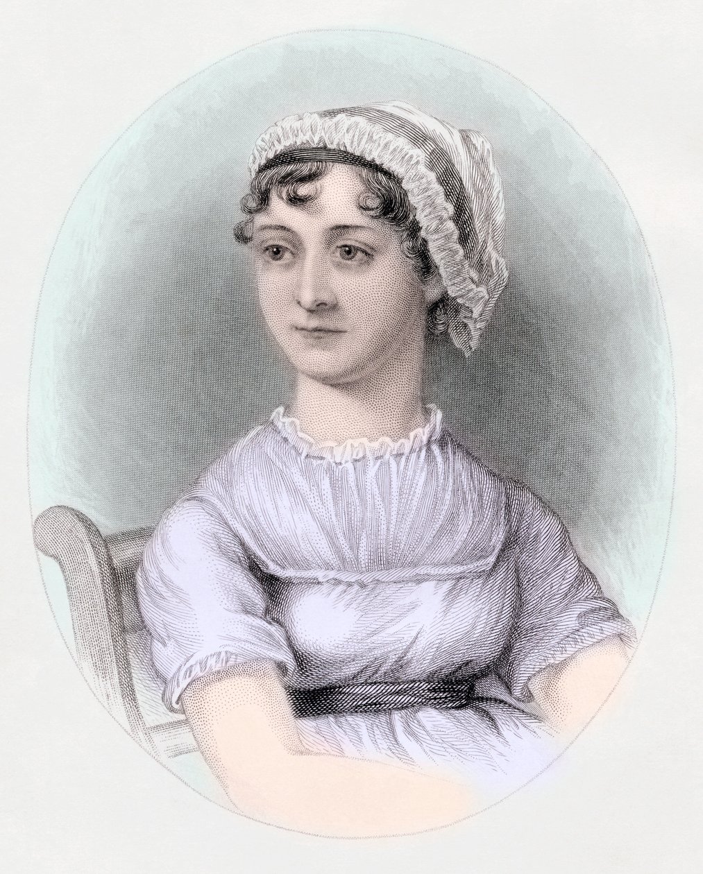 Portrett av Jane Austen, ca. 1850 (håndfarget gravering) av Cassandra (after) Austen
