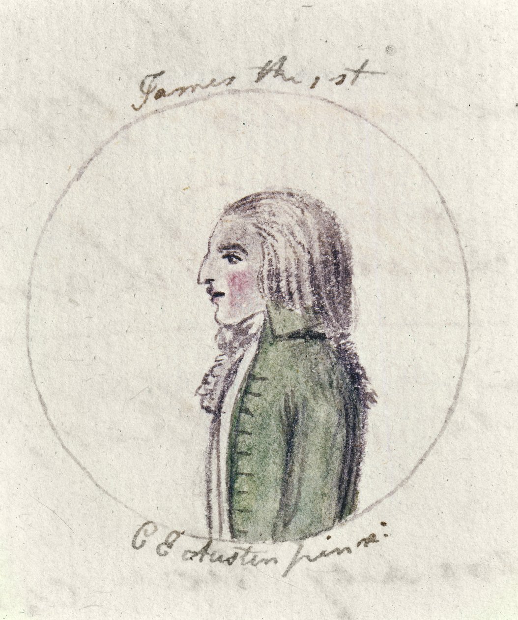 James I, ca. 1790 (penn og blekk og wc på papir) av Cassandra Austen