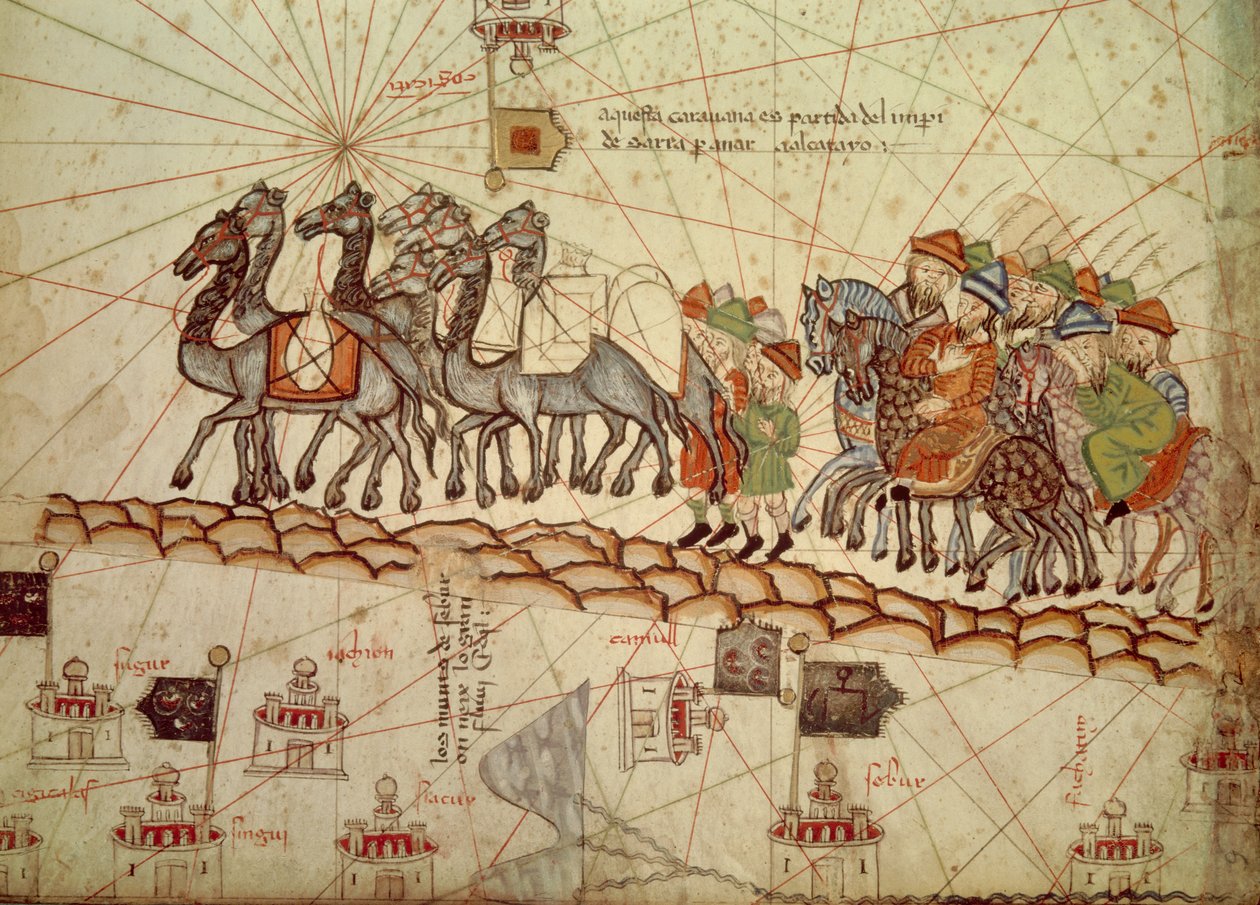 Detalj av et katalansk sjøkart (portulan) som representerer Asia på 1200-tallet, hvor man kan se en campingvogn gå mot Cathay (navn gitt av Marco Polo for å designe regionen Nord-Kina): Silkerute tatt av Marco Polo. Catalan Atlas av Abra av Catalan School