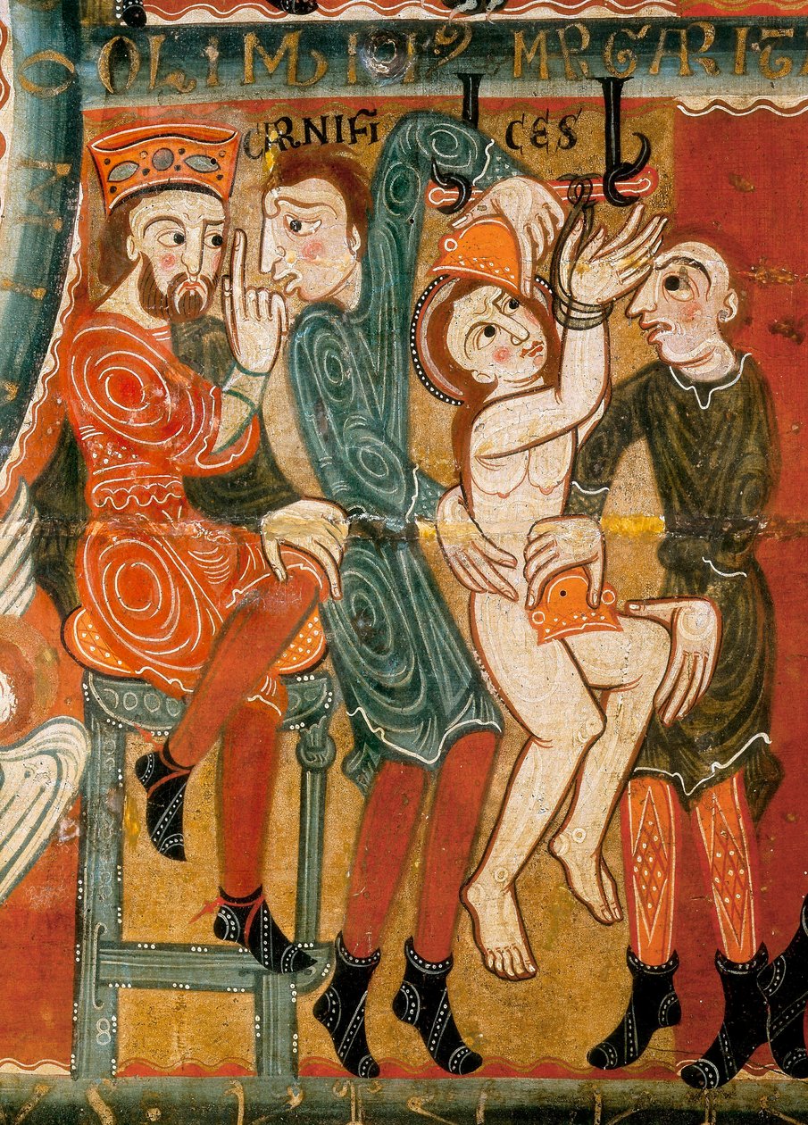 Martyrdommen til St Margaret, helgenen som ble torturert og deretter halshugget, detalj (tempera på tre) av Catalan School