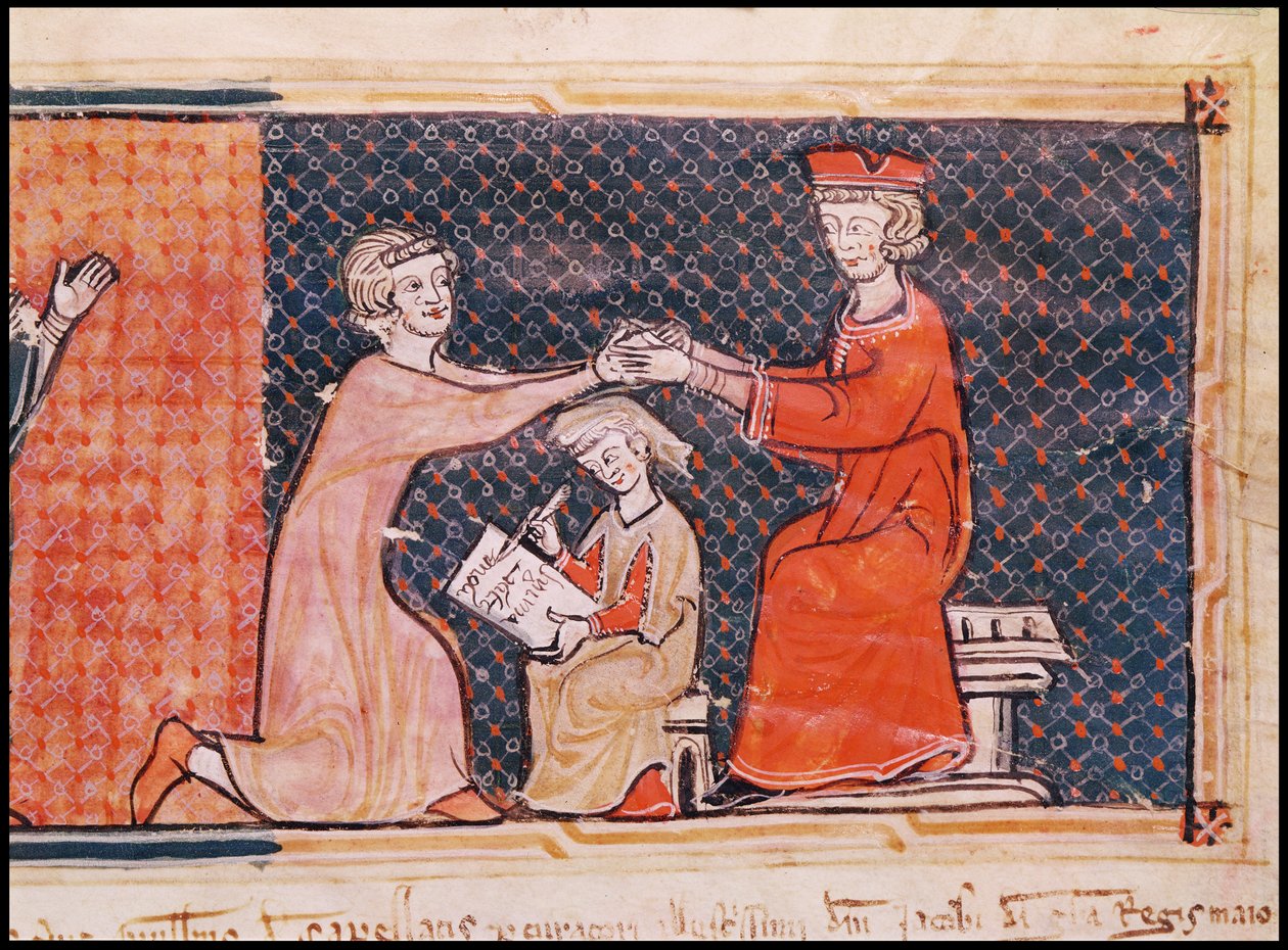 Den kongelige aktor, skriftlæreren og føydalherren, fra Capbreu de Clayra et de Millas 1292 av Catalan School