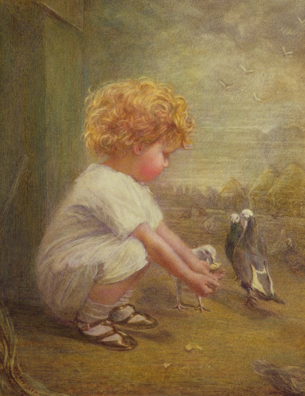 Liten jente som mater duer av Catherine P. Brooker