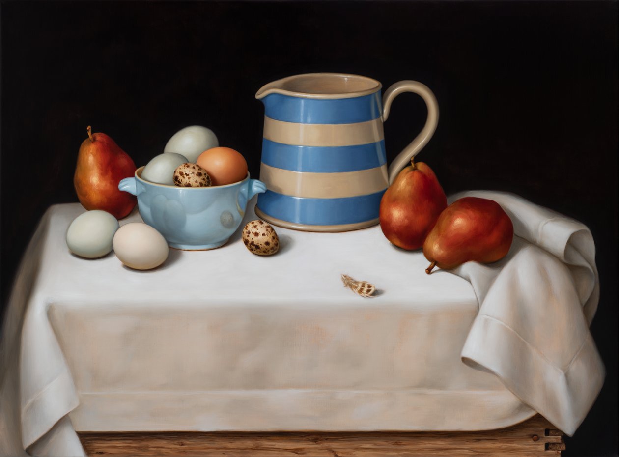 Stilleben med vaktelfjær, 2019 (olje på lin) av Catherine Abel