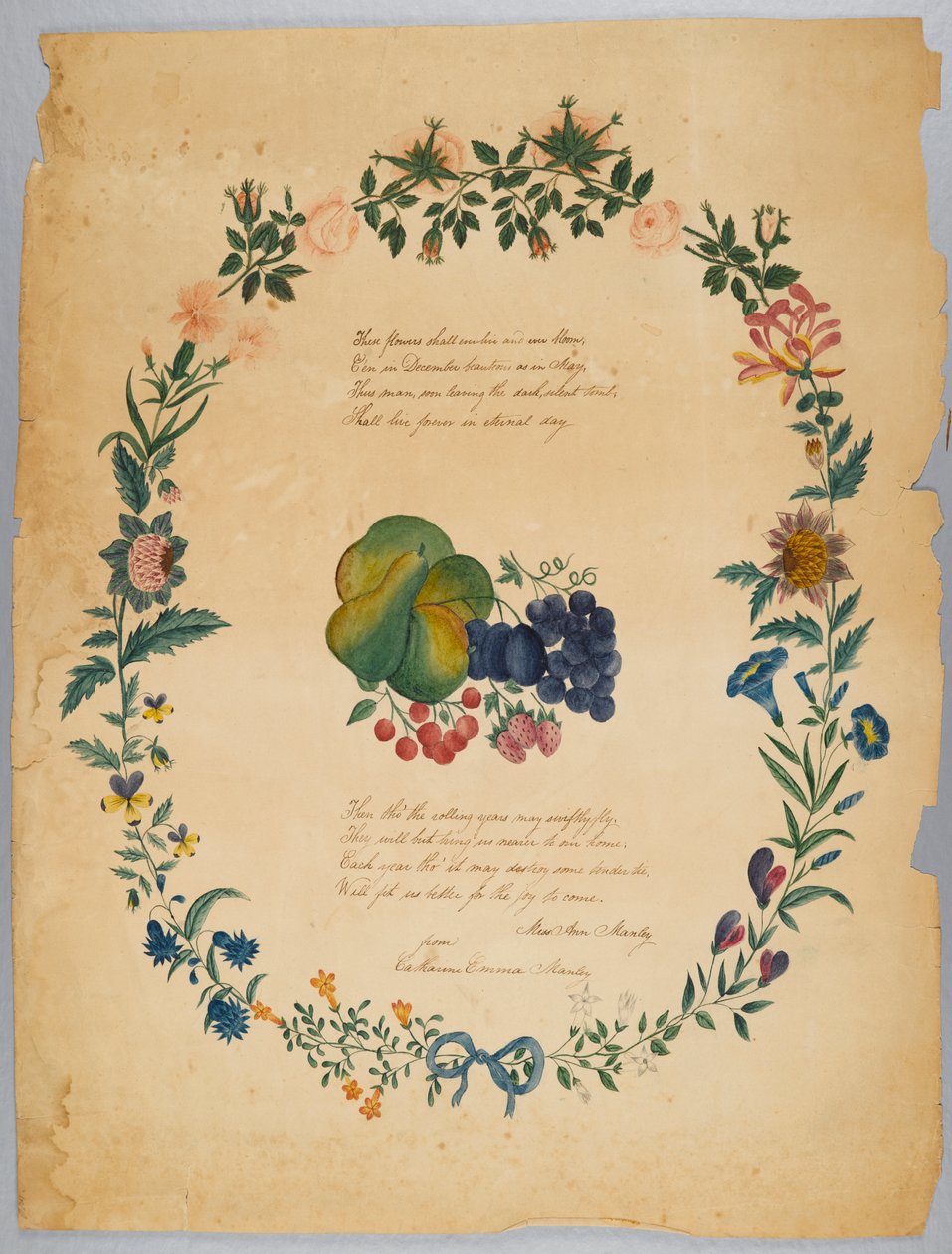 Uten tittel (dikt og dekorativ krans) (wc, grafitt og blekk på papir) av Catherine Emma Manley