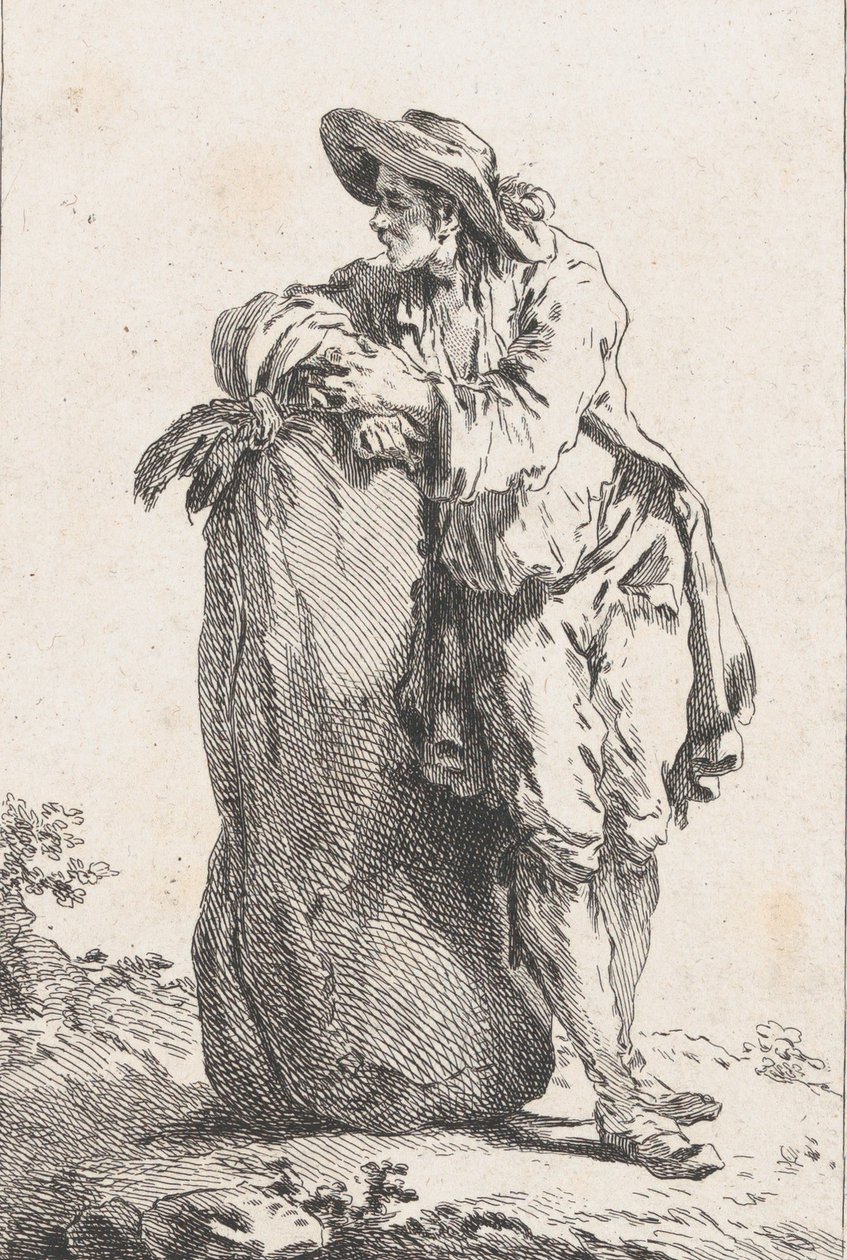 Bonde lener seg på en sekk med korn, 1758. av Catherine Francoise Beauvarlet