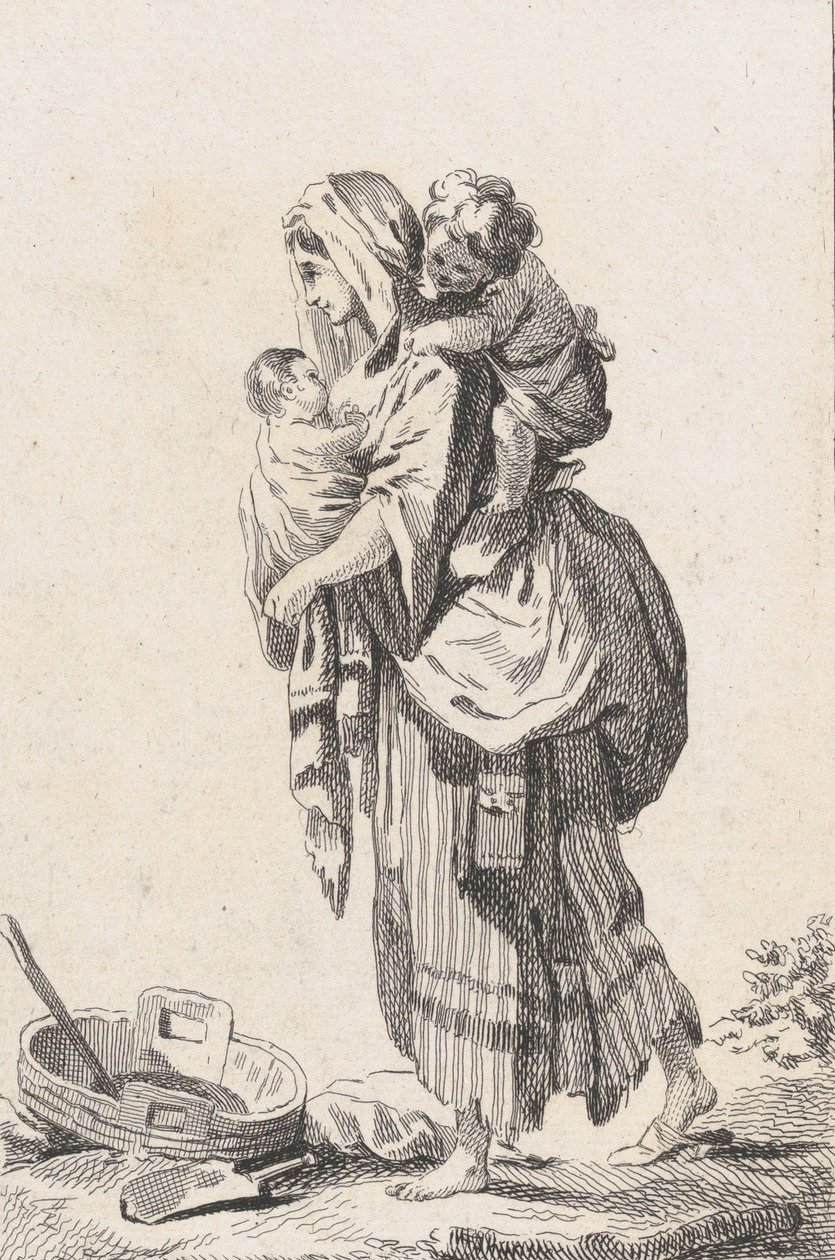 Bondekvinne med to barn, ca. 1758. av Catherine Francoise Beauvarlet