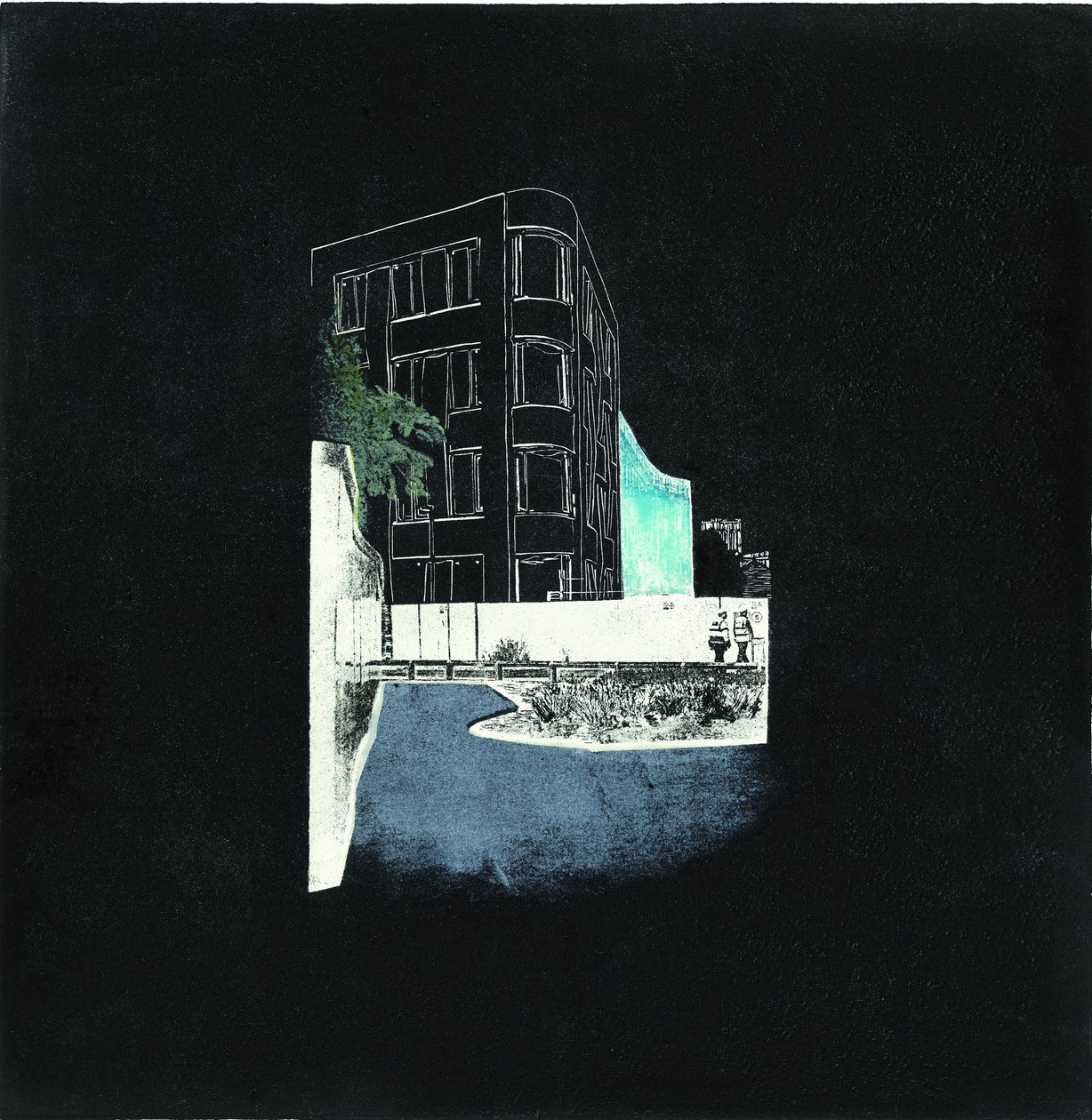 Utskjæring og konstruksjon for en by i overgang, 2016 (linosnitt og PCB-overføringsetsing) av Catherine Sutcliffe-Fuller