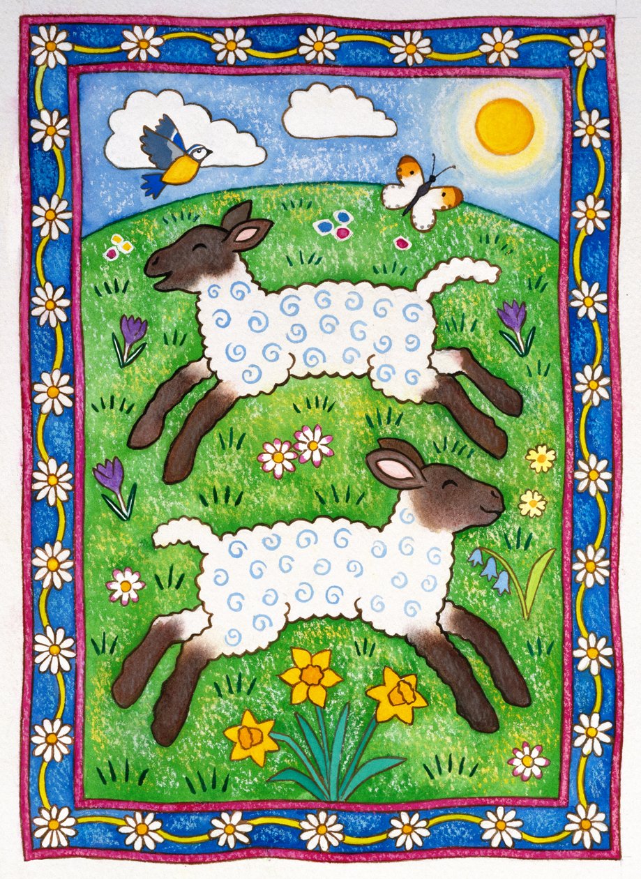 Bouncy Lambs, 1997 (wc og pastell på papir) av Cathy Baxter