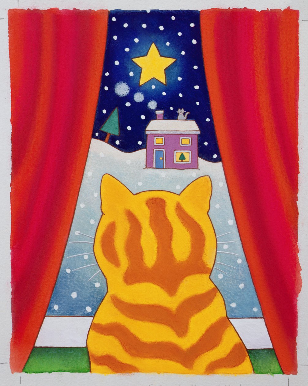 Katt ved vinduet (wc på papir) av Cathy Baxter
