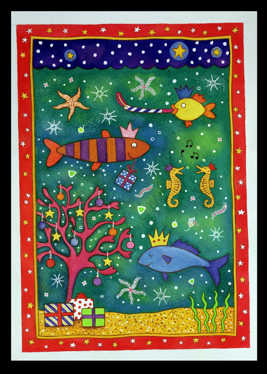 Fishy Christmas, 1997 (wc og pastell på papir) av Cathy Baxter