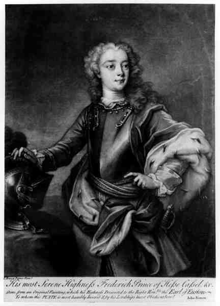 Portrett av Frederick II (1720-1785), Landgrave of Hessen-Cassel, gravert av John Simon (1675-1715) av Cavaliere Carlo Francesco Rusca