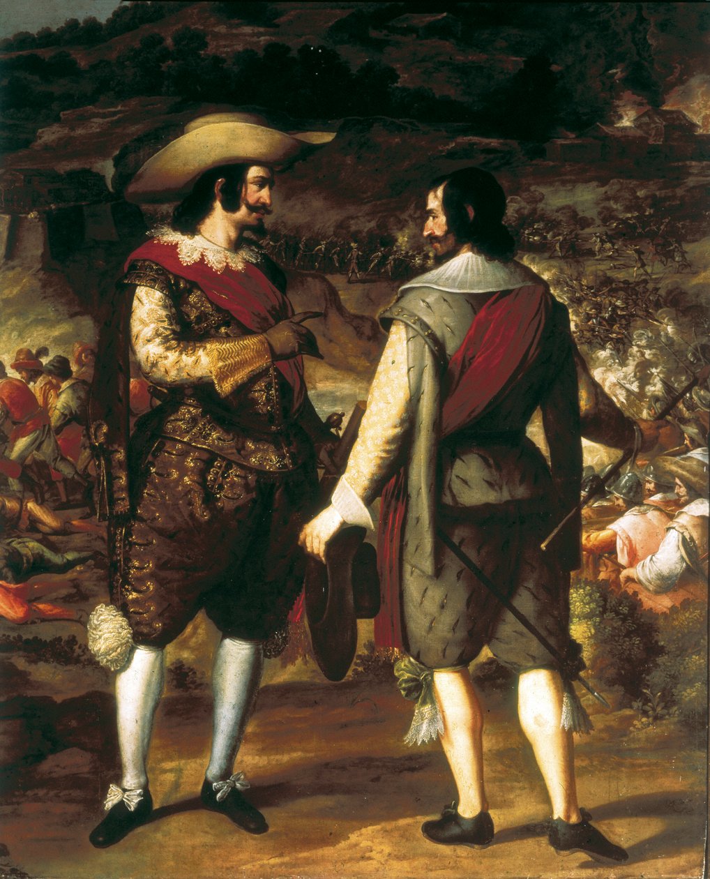 Fangsten av San Juan i Puerto Rico (Puerto Rico) (1625). Detalj. I forgrunnen snakker Don Juan de Haro med assistenten sin. Bak ham festningen bevoktet av spanjolene som tvinger nederlenderne til å forlate. Maleri av Eugenio Caxes eller Cajes (1577-1634) av Caxesi or Caxete Eugenio Caxes