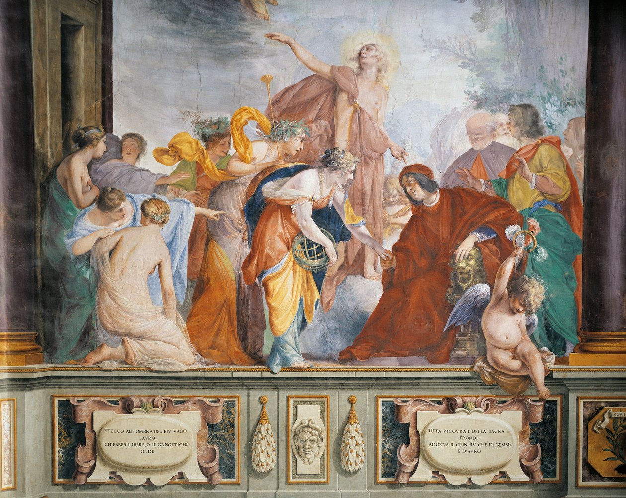 Lorenzo tar imot musene og dydene akkompagnert av Apollo til Firenze, av Francesco Montelatici kjent som Cecco Bravo, fresco av Cecco  Bravo
