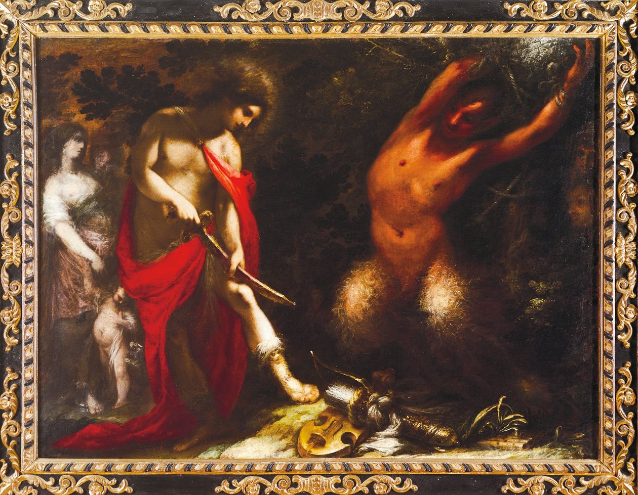Apollo og Marsyas, ca 1650, Francesco Montelatici kjent som Cecco Bravo (1601-1661), olje på lerret. av Cecco  Bravo