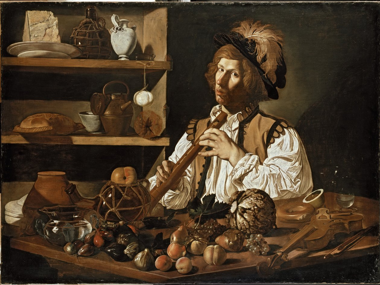 Interiør med et stilleben og en ung mann som holder en blokkfløyte, 1600-tallet av Cecco de Caravaggio