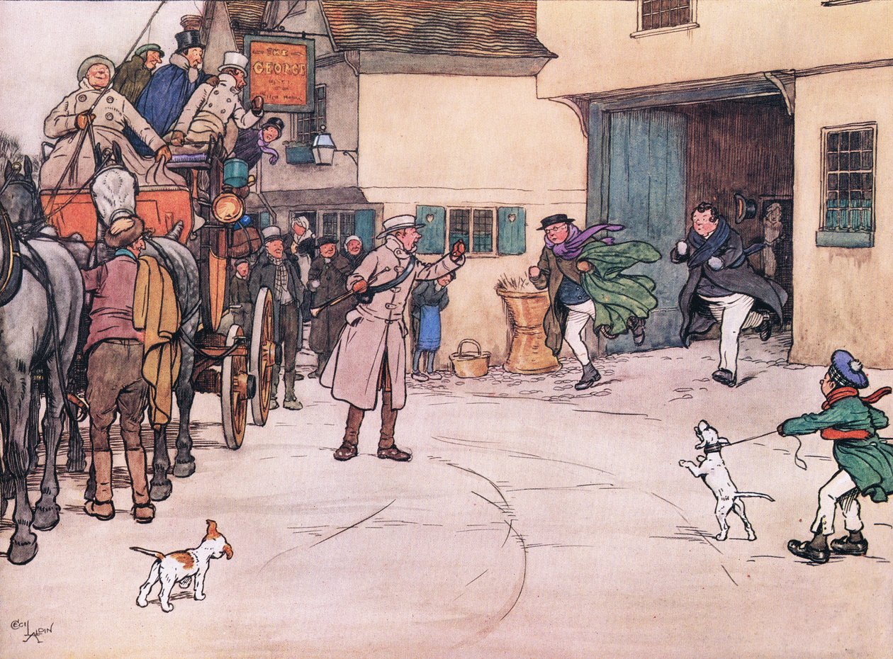 Et fjernt svar høres fra gården, og Mr Pickwick og Mr Turpin kom løpende ned av Cecil Charles Windsor Aldin