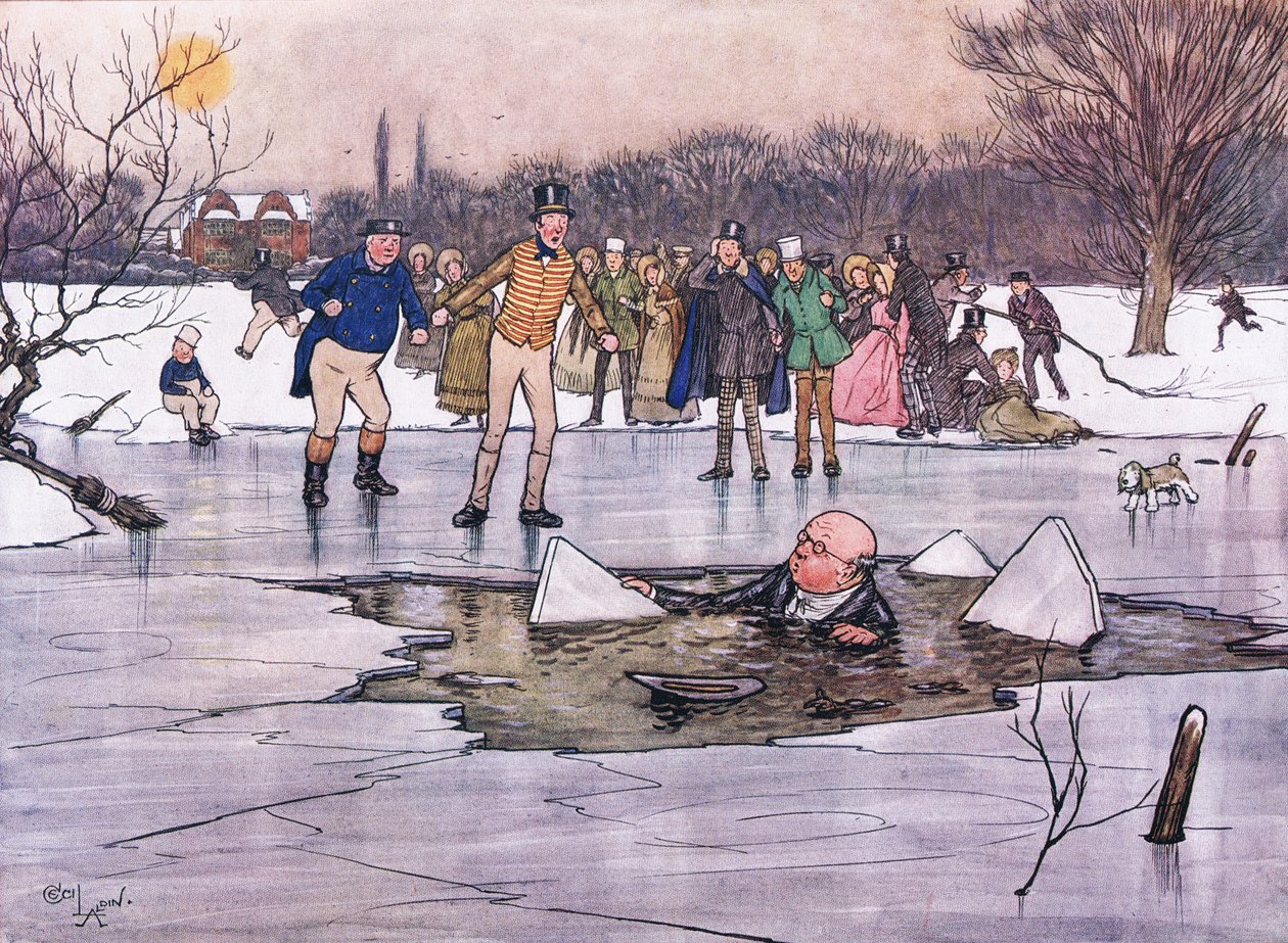 Et ansikt, hode og skuldre dukket opp fra under vannet og avslørte trekkene og brillene til Mr. Pickwick av Cecil Charles Windsor Aldin