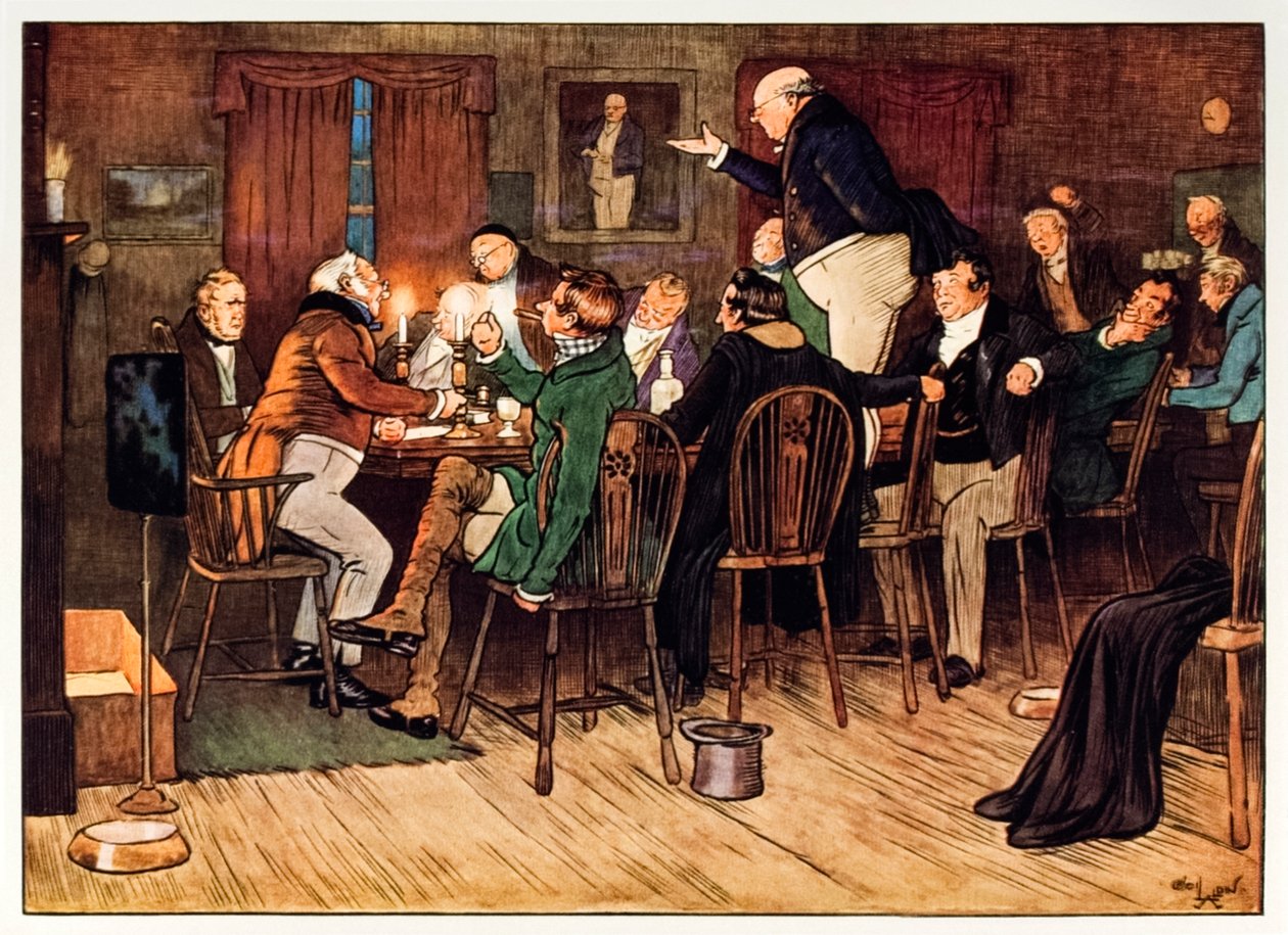 Frontispice som viser The Pickwick Club fra The Posthumous Papers of the Pickwick Club av Charles Dickens av Cecil Charles Windsor Aldin