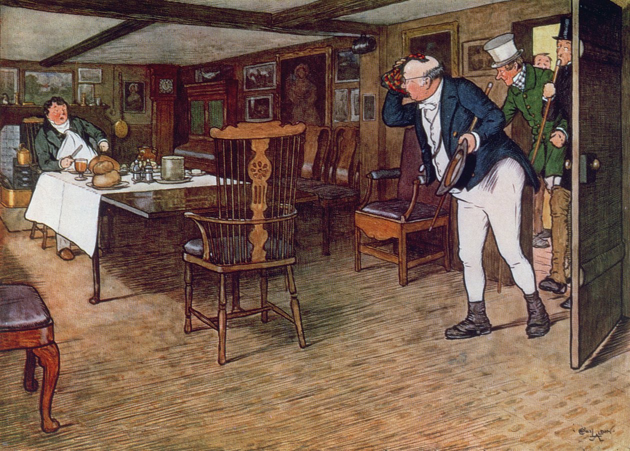 Mr Pickwick finner Mr Tupman spise lunsj på Leather Bottle, Cobham, 1910 (fargegravering) av Cecil Charles Windsor Aldin