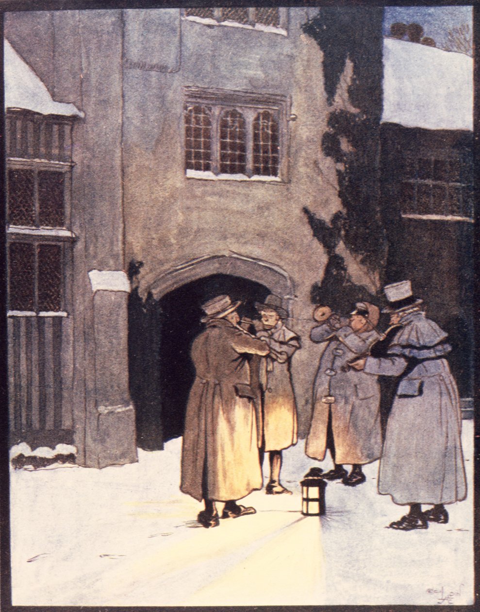 'De gikk rundt i huset og lekte under vinduene', illustrasjon fra 'Old Christmas' av Washington Irving (1783-1859) utgitt av Hodder og Stoughton, 1908 av Cecil Charles Windsor Aldin