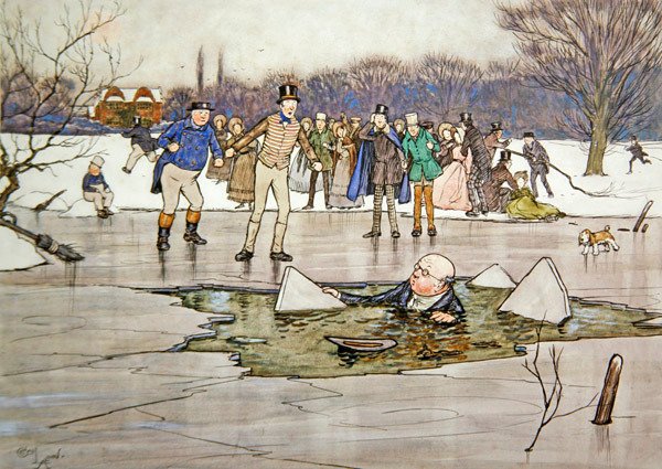 "Et ansikt, hode, skuldre dukket opp fra under vannet og avslørte trekkene og brillene til Mr Pickwick" av Cecil Charles Windsor Aldin