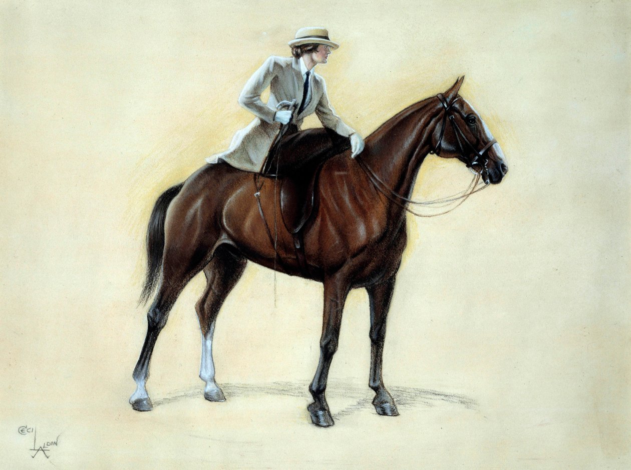 En elegant cavaliere som stiger inn i en Amazonas. Tegning av Cecil Aldin (1870-1935) Privatsamling fra 1800-tallet av Cecil Charles Windsor Aldin
