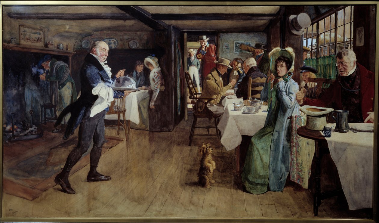 Frokost på vertshuset. Maleri av Cecil Aldin (1870 - 1935) Ec. Ang. av Cecil Charles Windsor Aldin